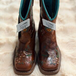 Embroidered Brown Kids Boots